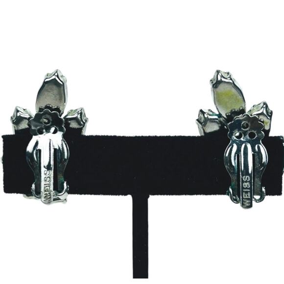 Vintage Weiss Rhinestone Earrings Signed Clip On Clear Retro - Picture 3 of 7